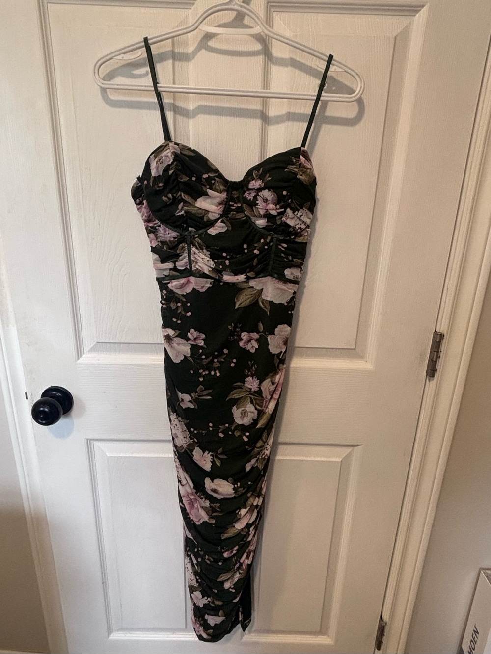 privy Green Floral Ruched Midi Dress with Pink Blooms